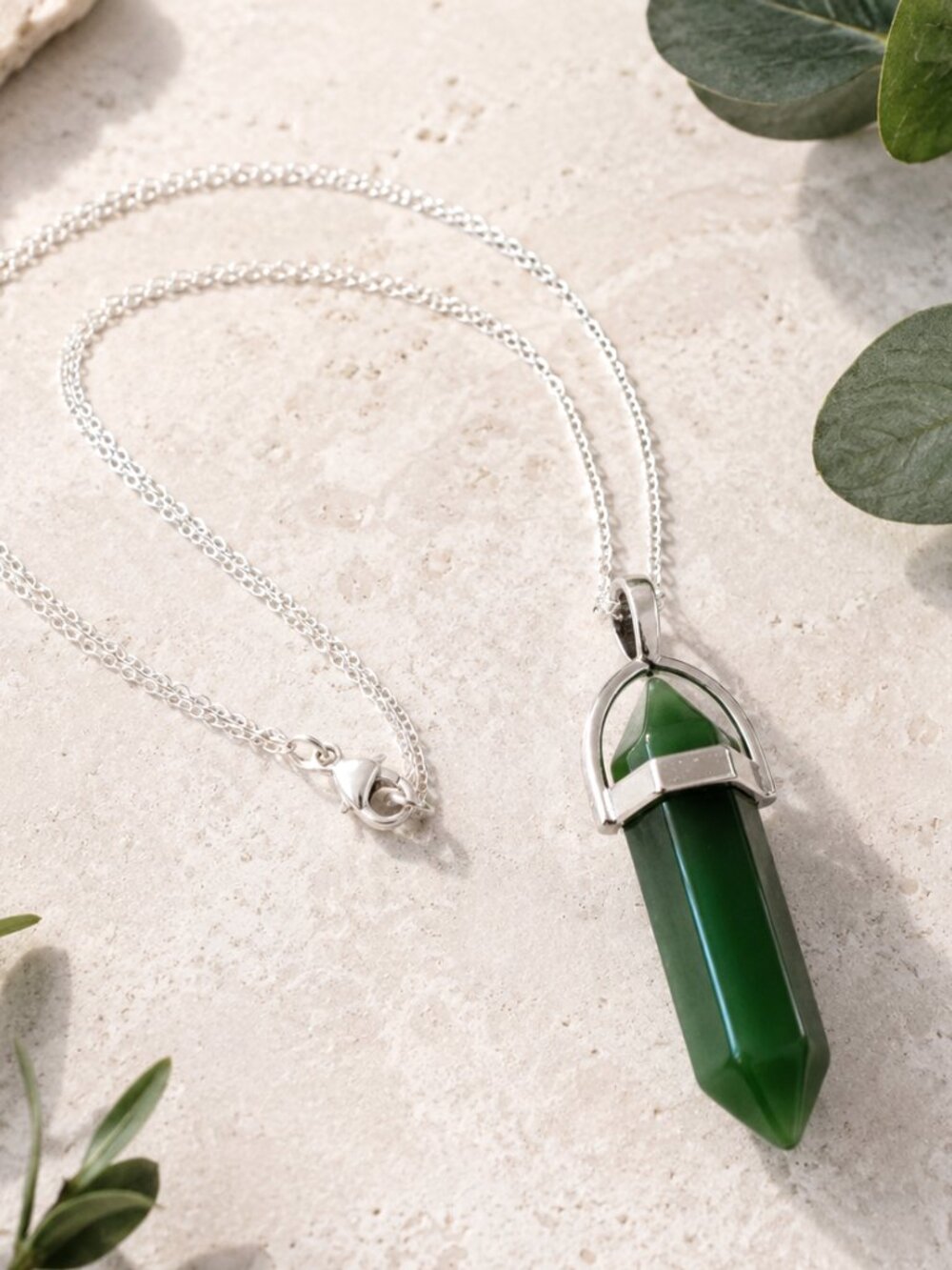 Dark Jade Necklace Bullet Point Crystal Pendant, Good Fortune, 24' Silver Chain